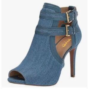 XYD Denim Peep Toe Sandal Ankle Booties Dual Buckled Straps Stiletto Heels Shoes